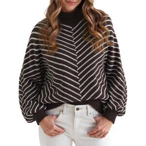 Women's Striped Winter Sweaters Turtleneck Lantern Sleeve Knit Sweater Brown